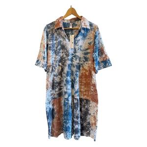 Flutter Clothing NWT Tie Dye Collared Boho SS Knee Length Shirt Dress Small